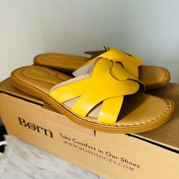 Born Isabella Slide Leather Sandal, Cushioned Comfort Shoe, Size 10, Yellow, NWT - Picture 9 of 15